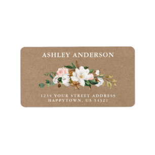 Watercolor White Magnolias Rose Kraft Adresse Adressaufkleber