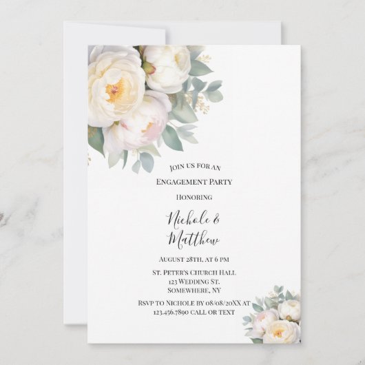 Watercolor White Peonies Engagement Party Einladung (Vorderseite)