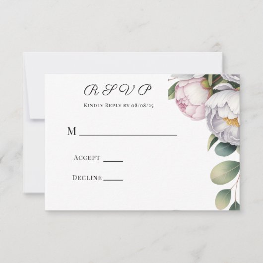 Watercolor White Peonies Wedding RSVP Karte (Vorderseite)