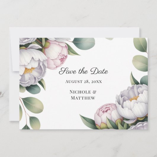 Watercolor White Peonies Wedding Save The Date (Vorderseite)