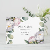 Watercolor White Peonies Wedding Save The Date (Stehend Vorderseite)
