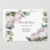Watercolor White Peonies Wedding Save The Date (Vorne/Hinten)