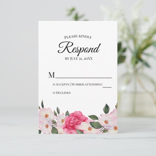 Watercolor White Pink Roses Wedding RSVP Reaktion (Stehend Vorderseite)