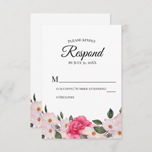 Watercolor White Pink Roses Wedding RSVP Reaktion (Vorne/Hinten)