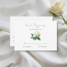 Watercolor White Rose Elegant Botanical Wedding RSVP Karte