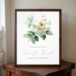 Watercolor White Rose Wedding Guest Book Sign Fotodruck