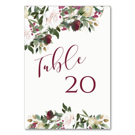 Watercolor White Roses Cranberry Wedding Tischnummer (Vorderseite)