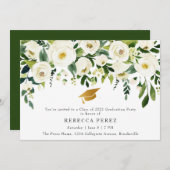 Watercolor White Roses Greenery Graduation Party Einladung (Vorne/Hinten)