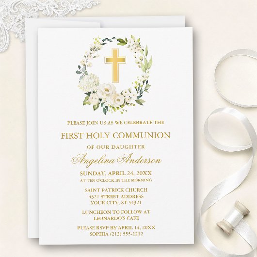 Watercolor White Roses Wreath Gold Communion Einladung