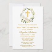 Watercolor White Roses Wreath Gold Communion Einladung (Vorderseite)