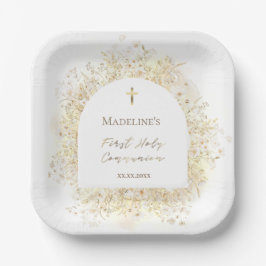 watercolor white yellow flowers First Communion Pappteller