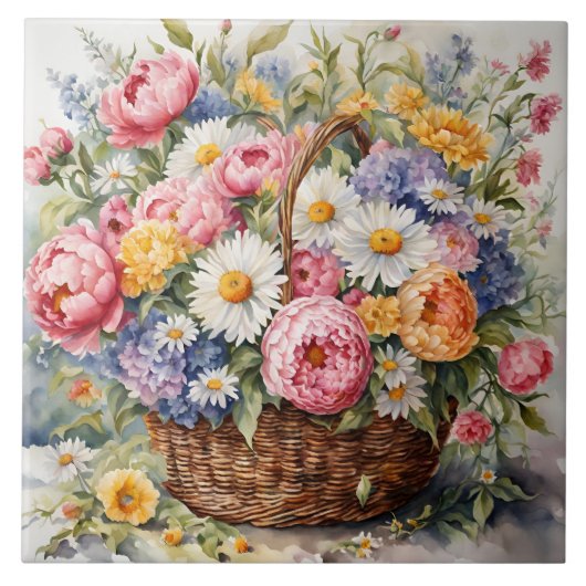 Watercolor Wicker Körbchen mit Summer Blume Fliese (Vorderseite)