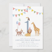 Watercolor Wild Animals First Birthday Einladung (Vorderseite)