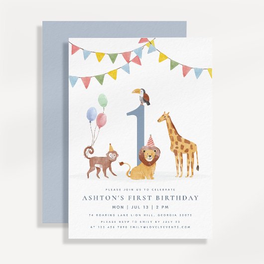 Watercolor Wild Animals First Birthday Einladung