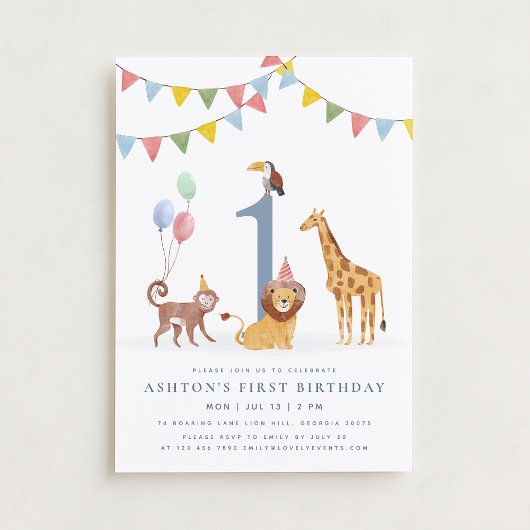 Watercolor Wild Animals First Birthday Einladung