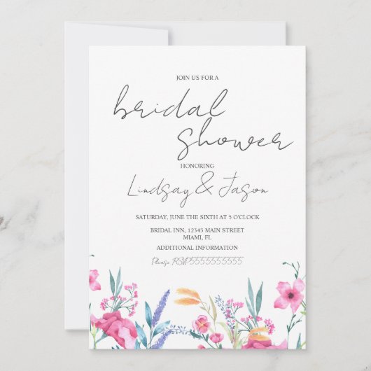 Watercolor Wild Blume Green Script Brautparty Einladung (Vorderseite)