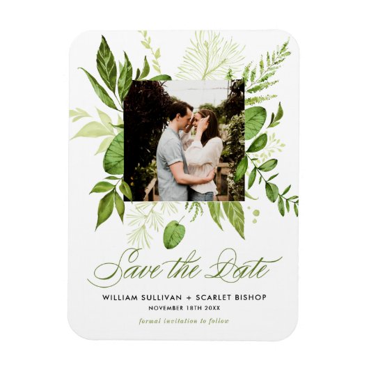 Watercolor Wild Green Foliage Photo Save the Date Magnet (Vertikal)