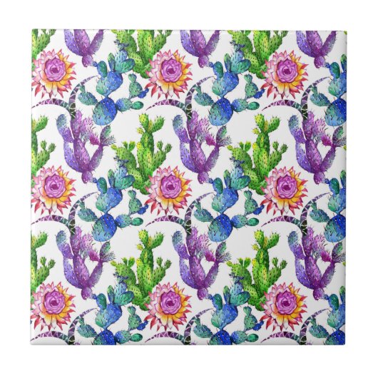 Watercolor-Wildblume-Kaktus-Muster Fliese (Vorderseite)