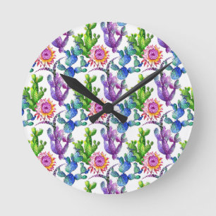Watercolor-Wildblume-Kaktus-Muster Runde Wanduhr