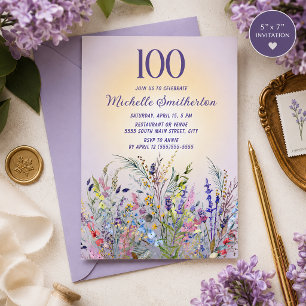 Watercolor-Wildblumen-Lavendel 100. Geburtstag Einladung