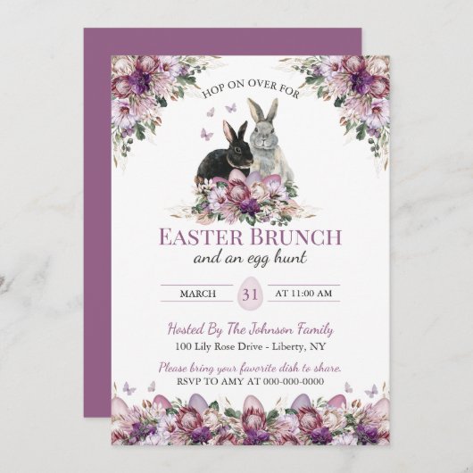Watercolor Wildflower Bunnies Easter Sunday Brunch Einladung (Vorne/Hinten)