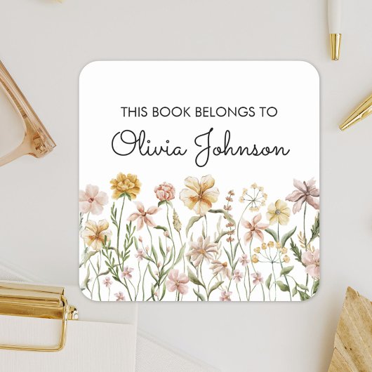 Watercolor Wildflower Meadow Bookplate Quadratischer Aufkleber