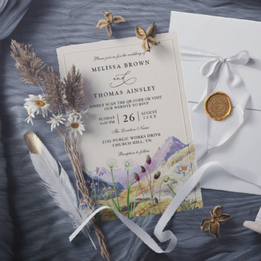 Watercolor Wildflower Mountain QR Code Wedding Einladung