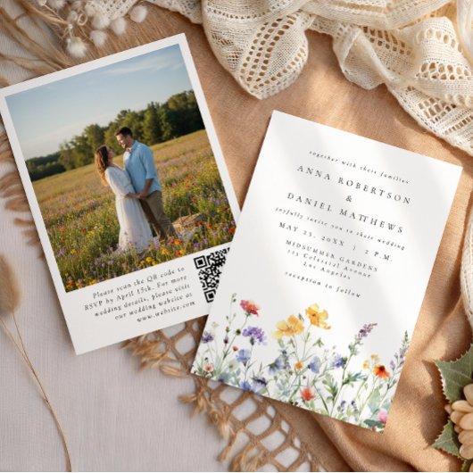 Watercolor Wildflower QR Code Photo Wedding Einladung