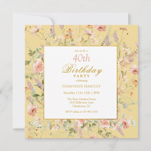 Watercolor Wildflowers 40th Yellow Birthday Einladung (Vorderseite)