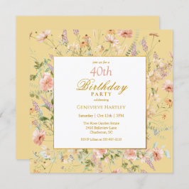 Watercolor Wildflowers 40th Yellow Birthday Einladung