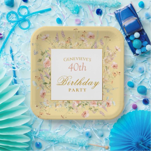 Watercolor Wildflowers 40th Yellow Birthday Pappteller (Party)