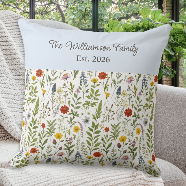 Watercolor Wildflowers Pattern Personalized Kissen (A personalized throw pillow with pattern of colorful wildflowers in a watercolor style)