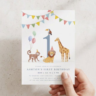 Watercolor-Wildtiere-Erster-Geburtstag Einladung