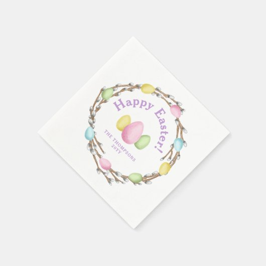 Watercolor Willow Wreath Pastel Happy Easter Serviette (Ecke)