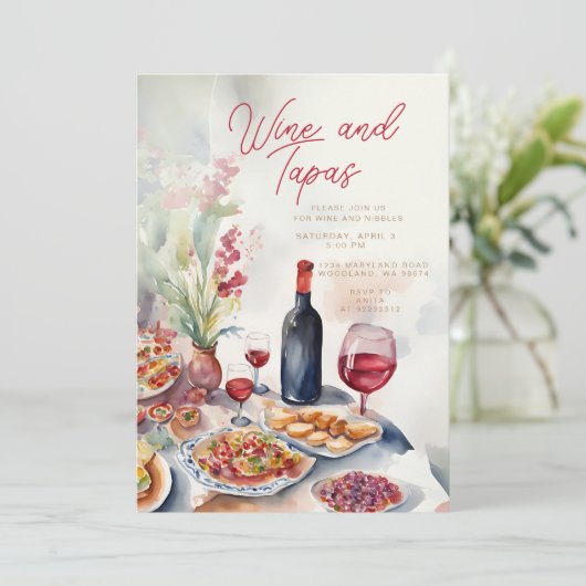 Watercolor Wine & Tapas Party Einladung (Stehend Vorderseite)