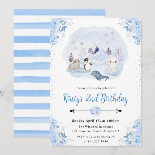 Watercolor Winter Arctic Animes Geburtstagsparty Einladung (Vorne/Hinten)