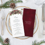 Watercolor Winter Berries Pine Christmas Menükarte<br><div class="desc">Diese eleganten Hochzeitsmenükarten mit Wintermotiv bieten ein Weihnachtsbouquet oben mit Aquarell, Kiefernzapfen und wintergrünen Zweigen, die mit bordeauxroten, heiligen Beeren angereichert sind. Auf der Rückseite ist eine bordeauxfarbene Aquarellstruktur mit den Namen der Braut und Bräutigam und Hochzeitstag. Finden Sie die Erholung der Hochzeitseinladung und mehr passende Produkte in der Sammlung,...</div>