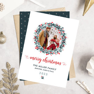 Watercolor Winter Berry Greenery Wreath Foto Feiertagskarte