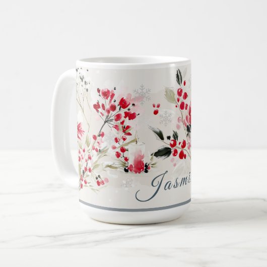 Watercolor Winter Berry Personalized Kaffeetasse (Vorderseite Links)