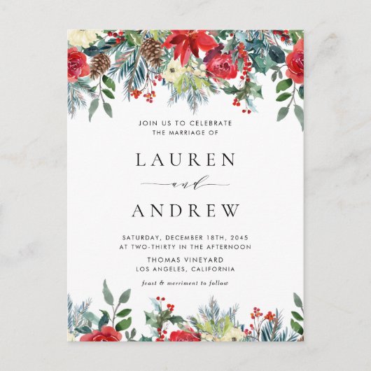Watercolor Winter Blooms Garland Blumenhochzeit Einladungspostkarte (Vorderseite)