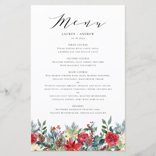 Watercolor Winter Blooms Garland Wedding Menu Card (Vorderseite)