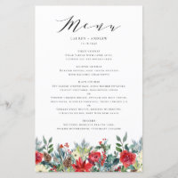 Watercolor Winter Blooms Garland Wedding Menu Card