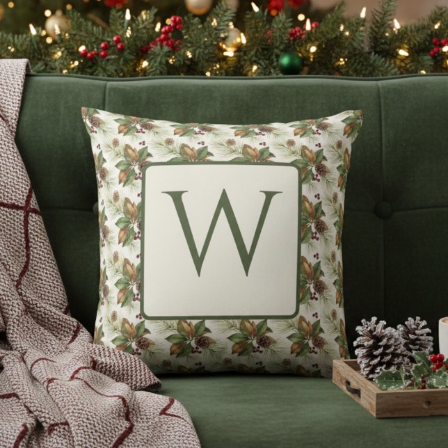 Watercolor Winter Botanical Pattern Kissen (Holiday monogram pillow
)