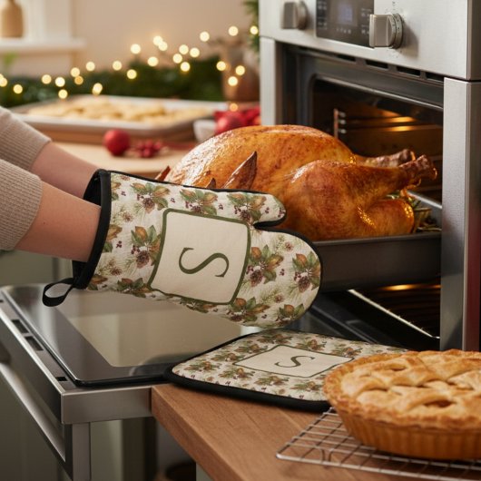 Watercolor Winter Botanical Pattern Ofenhandschuh & Topflappen-Set