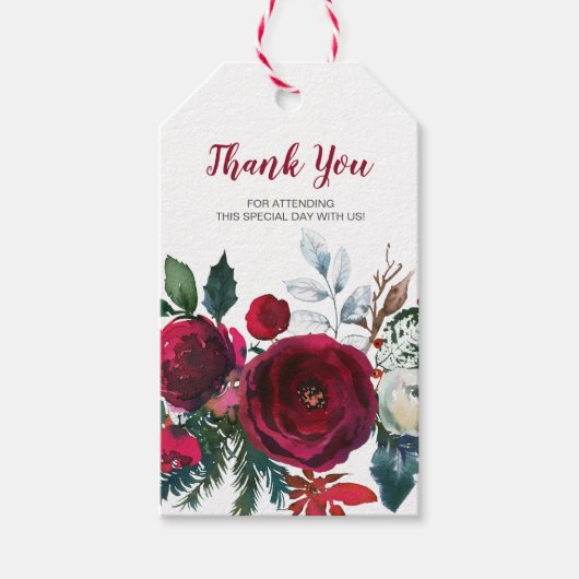 Watercolor Winter Burgund Blume Baby Danke Geschenkanhänger (Vorderseite)