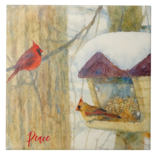 Watercolor Winter Cardinals Fliese (Vorderseite)