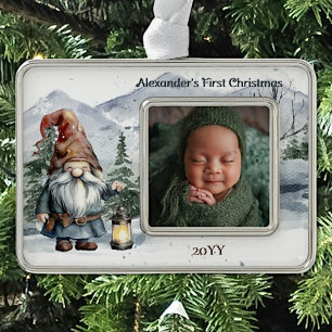 Watercolor Winter Christmas Gnome Baby Foto Rahmen-Ornament Silber