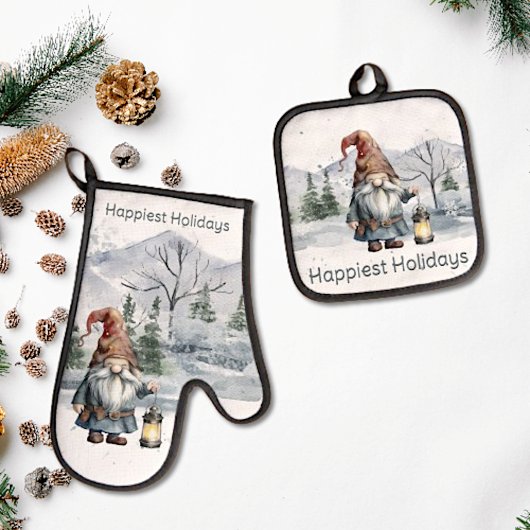 Watercolor Winter Christmas Gnome Ofenhandschuh & Topflappen-Set