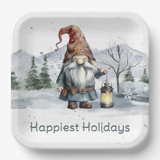 Watercolor Winter Christmas Gnome Pappteller (Vorderseite)
