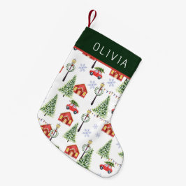 Watercolor Winter Christmas Tree Custom Name Kleiner Weihnachtsstrumpf